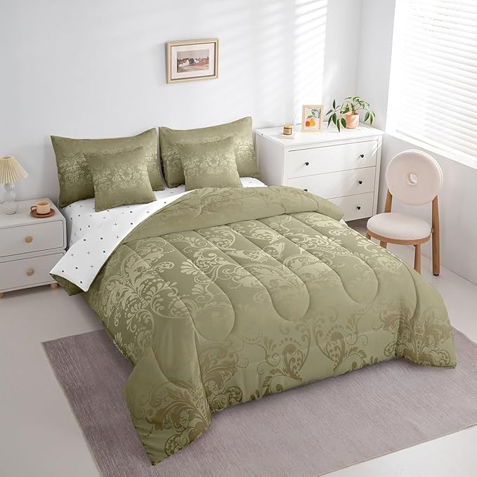 Erosebridal Gothic Damask Bed in a Bag King Size Comforter Set 7 Pieces,Butterfly Skull Bedding Sets Olive Grey Victorian Floral Goth Sheet Set with Comforter