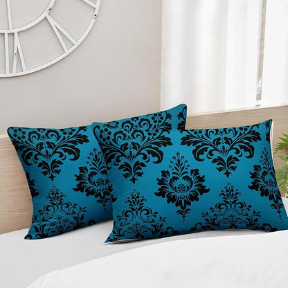Blue Gothic Floral Print Comforter Set Twin Size,Vintage Damask Floral Bedding Set,Bohemian Exotic Printed Quilted Set for Teens Adult,with 1 Comforter and 2 Pillow Case
