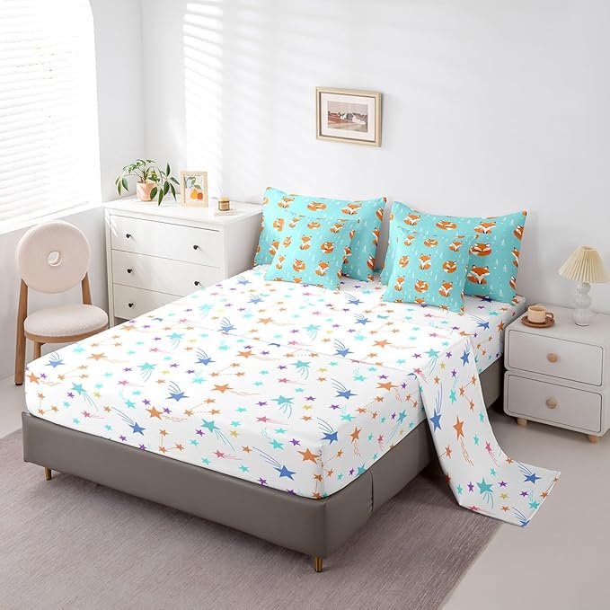 Feelyou Kids Fox Comforter Set Full Size 7 Pcs Girls Cute Fox Comforter Bed in a Bag Wild Animal Bedding Set for Boys Toddler Cartoon Fox Bed Set with Sheets, Pillowcases, Pillow Covers