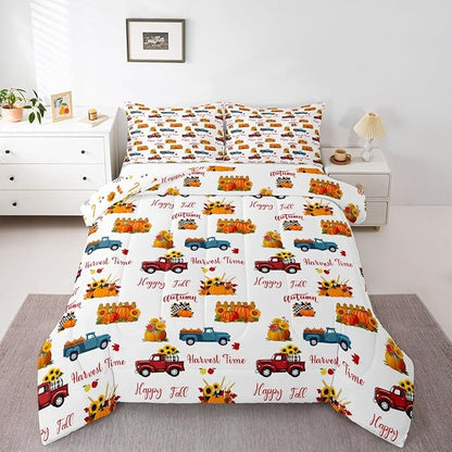 Happy Fall Bedding Set For Kids Twin Plaid Pumpkin Truck Comforter Set Thanksgiving Harvest Season Bedding Comforter Sets Autumn Sunflower Harvest Time Quilt Duvet Red Blue Orange 1 Pillow Case