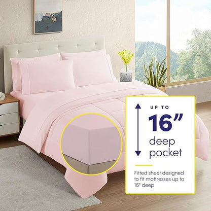 Sweet Home Collection 7 Piece Comforter Set Bag Solid Color All Season Soft Down Alternative Blanket & Luxurious Microfiber Bed Sheets, Pale Pink, Twin XL (Pack of 4)