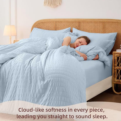 FUANNA Queen Comforter Set 7 Pieces, Luxury Seersucker Bed in a Bag Queen Size for All Seasons, Soft Bedding Set with Comforter, Flat Sheet, Fitted Sheet, Pillowcases & Shams for Bedroom, Grayish Blue