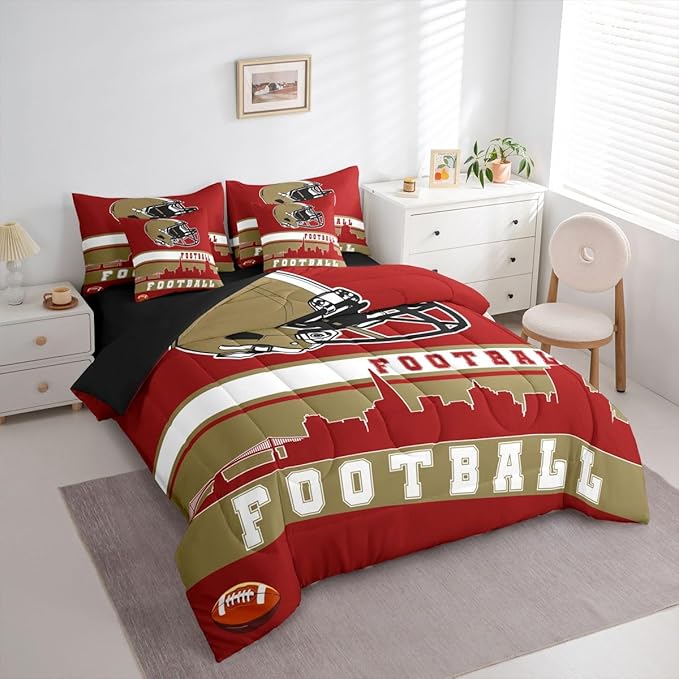 Erosebridal Football 7 Pcs Comforter Set King Football Fans Bedding for Boys Girls Football City Sheet Set Bed in A Bag Red Rugby Competition Room Decor Sports Ball Game Quilt