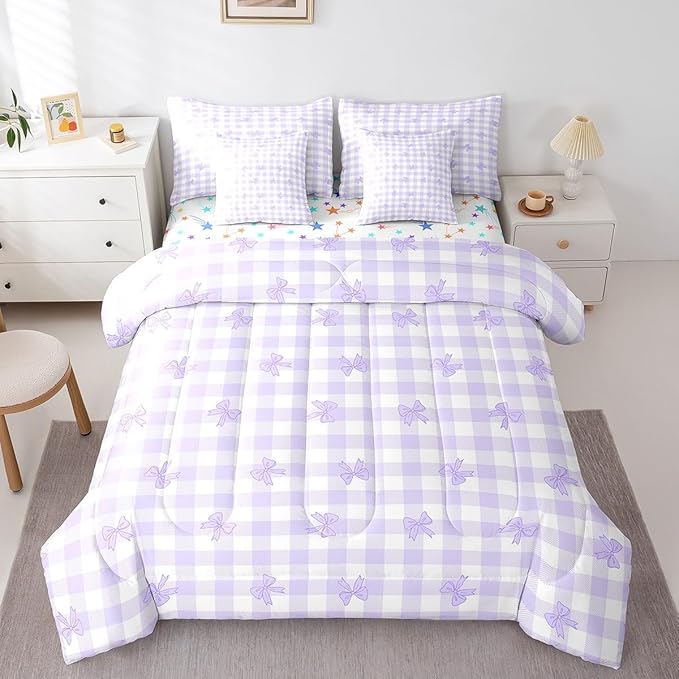 Feelyou Purple Bow Comforter Set with Sheets King Size Kids Bowknot Pliad 7 Pieces Bedding Set for Boys Girls Teens Gift for Girls Women Grid Bed in a Bag Breathable Princess Décor Bed Set