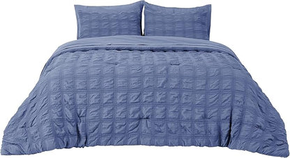 Bedsure Bed in a Bag Queen - 7 Pieces Plaid Seersucker Bedding Comforter Sets, Soft Lightweight Mineral Blue Boho Bed Set with Comforters Queen Size, Sheets, Pillowcases & Shams