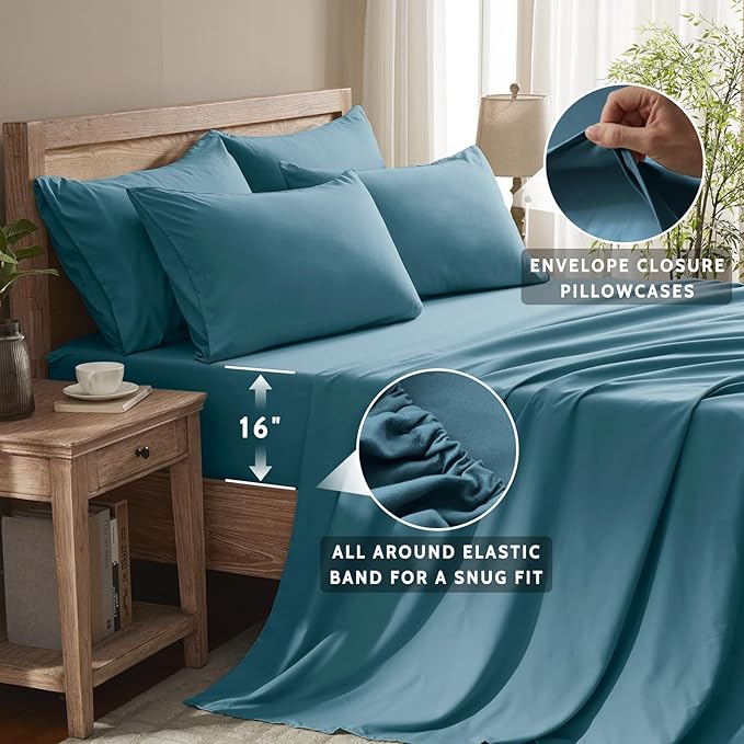 Full Size Bed Sheets - 6 Piece Soft Microfiber and Wrinkle Free Sheets - Easy Care, Extra Soft, Cooling Sheets - 1 Deep Pocket Fitted Sheet 1 Flat Sheet and 4 Pillowcases (Full Denim Blue)