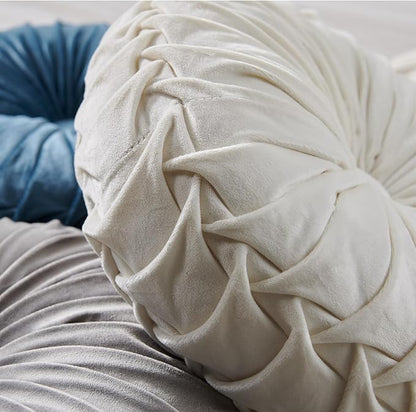 Round Throw Pillow Velvet Home Decoration Soft Pleated Pumpkin Round Floor Cushion for Couch Chair Bed Car Decorative (Beige14inch)