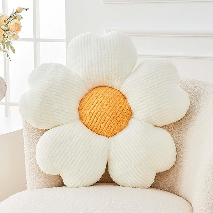 Flower Throw Pillow, Cute Flower Shaped Pillow Decorative Throw Pillow for Bed Couch, Soft Daisy Pillows Floor Seating Cushion Cushions (19.6 Inch White+Yellow)