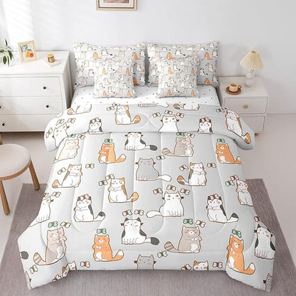 Erosebridal Cartoon Cat 7 Pcs Comforter Set King,Cute Butterfly Print Bed in a Bag,Kawaii Animal Kitten Duvet Set Pet Theme Bedding Set with Comforter,Sheets,Pillowcases & Throw Pillow Covers,Grey