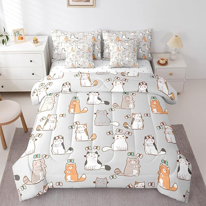 Erosebridal Cartoon Cat 7 Pcs Comforter Set Queen,Cute Butterfly Print Bed in a Bag,Kawaii Animal Kitten Duvet Set Pet Theme Bedding Set with Comforter,Sheets,Pillowcases & Throw Pillow Covers,Grey