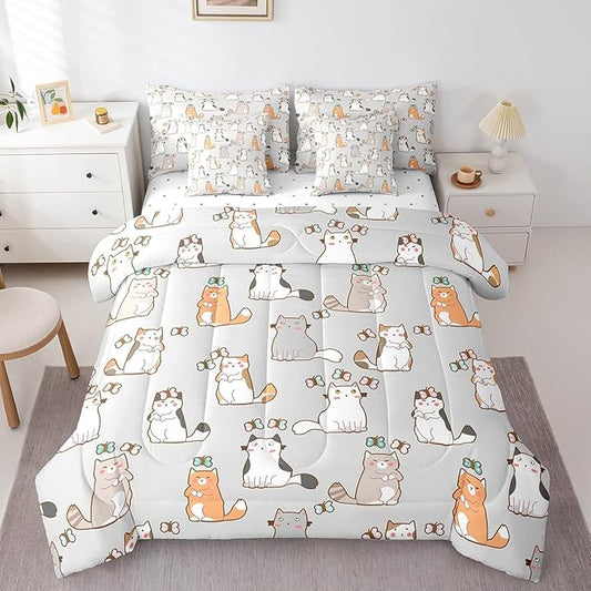 Erosebridal Cartoon Cat 7 Pcs Comforter Set Queen,Cute Butterfly Print Bed in a Bag,Kawaii Animal Kitten Duvet Set Pet Theme Bedding Set with Comforter,Sheets,Pillowcases & Throw Pillow Covers,Grey