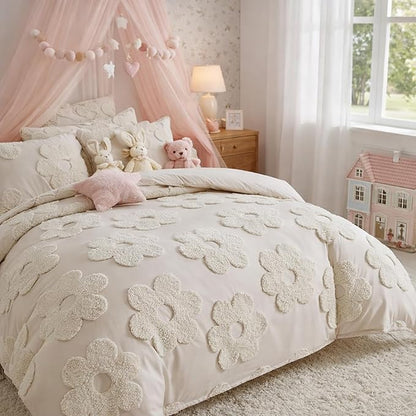 Frienda Spring Floral Queen Comforter Cover Set for Girls Women 3 Pcs Tufted Khaki Floral Bedding Set Embroidery Boho Warm Tufted Bedding Include 1 Comforter Cover 2 Pillow Case for Home Gift