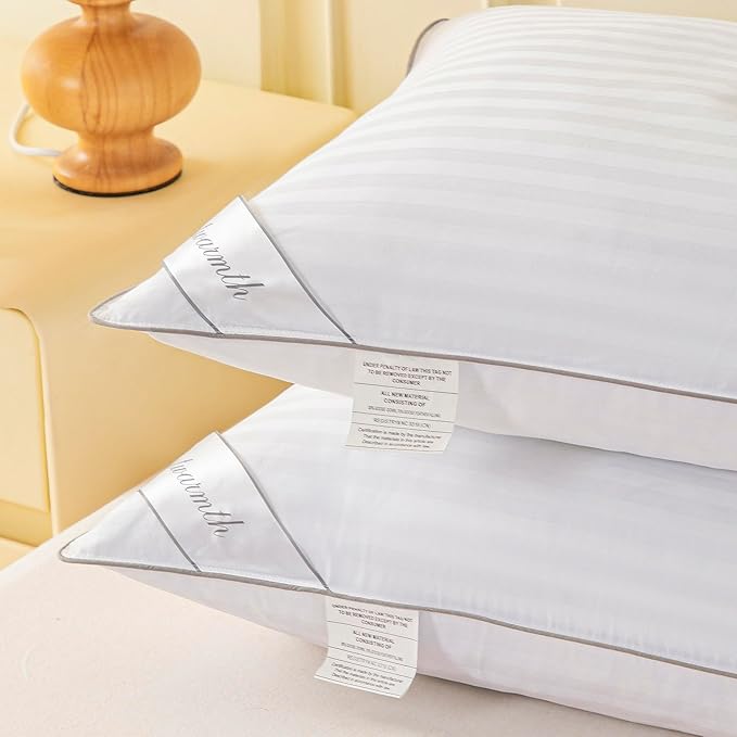 Goose Feather Down Bed Pillow for Sleeping, Hotel Collection Queen Size Soft Bed Pillow,100% Cotton Cover Queen Size Stripe White 1 Pack