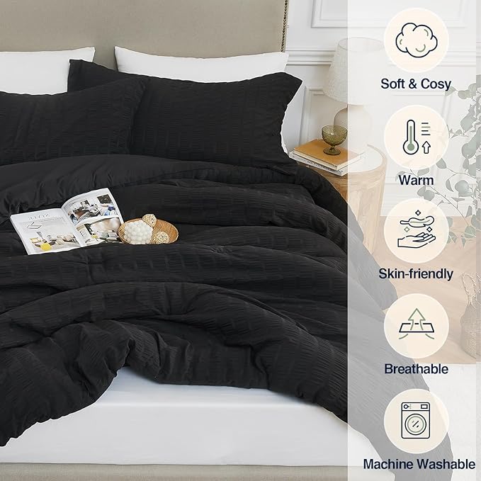 Black Twin/Twin XL Comforter Set - 2 Pieces Seersucker Lightweight Bedding Comforter Sets (1 Soft Fluffy Comforter & 1 Pillowcase) - All Seasons Cozy Modern Bed Sets for Women Men