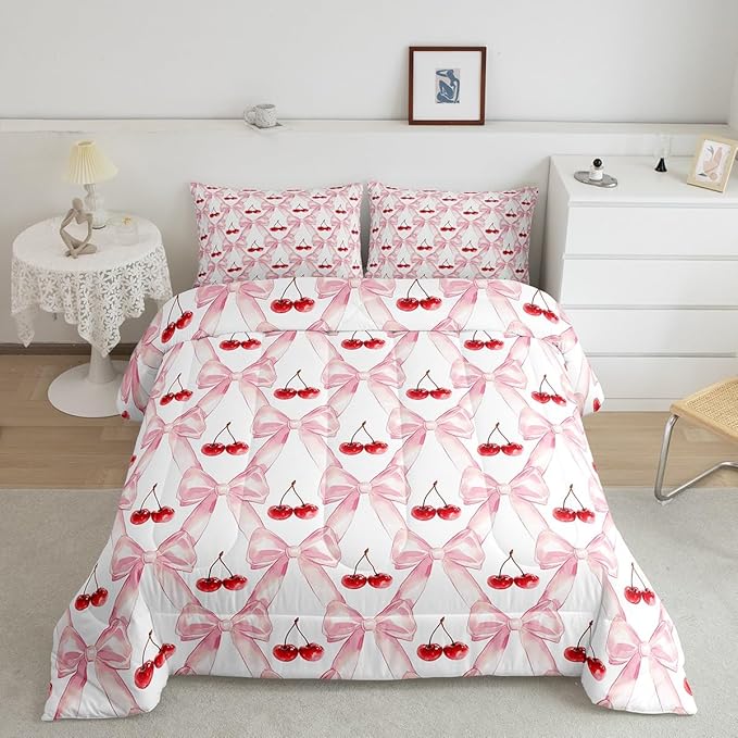 Erosebridal Cute Bow Bedding Set,Red Cherry Down Comforter for Girls Kids Teen Room Decor,Geometric Bowknot Queen Comforter Set Soft Lightweight Duvet Set