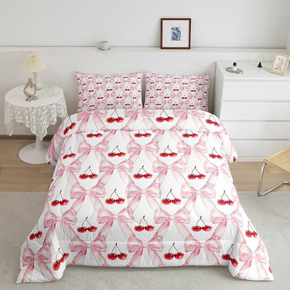Erosebridal Cute Bow Comforter Set King Size,Red Cherry Bedding Set for Girls Kids Teen Room Decor,Geometric Bowknot Down Comforter Soft Lightweight Duvet Set