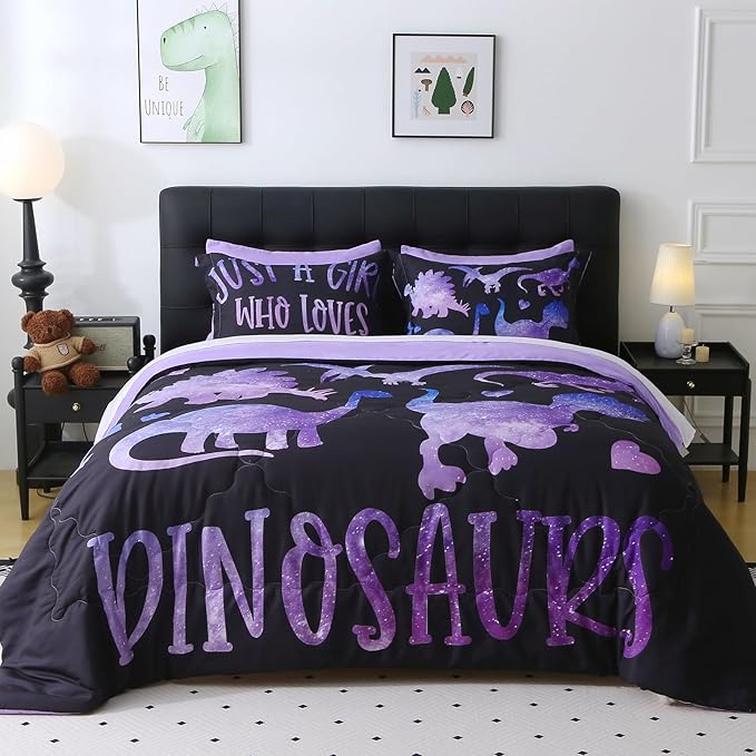 7 Piece Girls Dinosaur Comforter Set Queen Size Violet Dinonsaur Soft Microfiber Bed in A Bag with Comforter,Sheet Set,Pillowcase and Sham for Child Teens All Season
