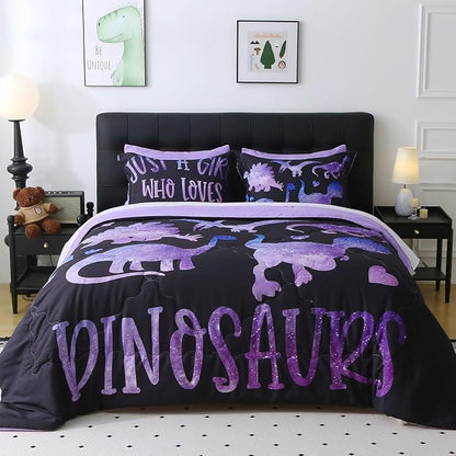 7 Piece Girls Dinosaur Comforter Set Full Size Violet Dinonsaur Soft Microfiber Bed in A Bag with Comforter,Sheet Set,Pillowcase and Sham for Child Teens All Season