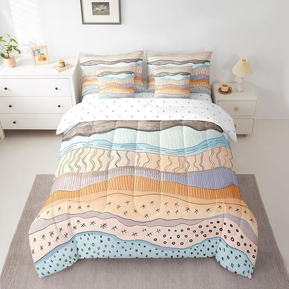 Erosebridal Geometric Wave Bed in a Bag 7-Piece Girls Pink Beige Blue Bedding Set, Black Polka Dots Full Size Comforter Set Modern Abstract Art Bedding Comforter Sets, Vintage Minimalist Bed Set