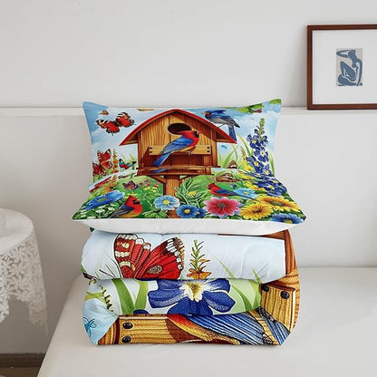 Erosebridal Cardinal Hummingbird Comforter King,Spring Garden Style Floral Comforter Set Rustic Butterfly Botanical Flower Bedding Set Country Farmhouse Bed Set Pastoral Nature Home Decor