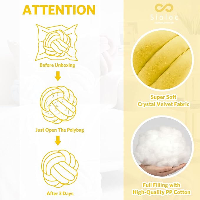 Sioloc Soft Knot Ball Pillows,Round Throw Pillow Cushion Home Decoration Plush Pillow,Throw Knotted Pillow Handmade Round Plush Pillow（10.6inches,Yellow）