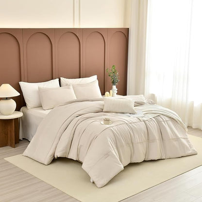 Sanracie Cotton King Comforter Set(106"x 95"),Wheat Colored Pinch Pleat Soft Comforter Bedding Sets 3Pcs Lightweight Breathable Bedding Set for All Season