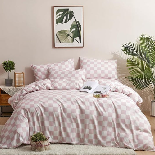 KAREVER Pink White Grid Comforter Set Cal King Pink Plaid Bedding Set Women Pink White Checkered Bed Blanket Set Men Durable Breathable Bedding Comforter Set