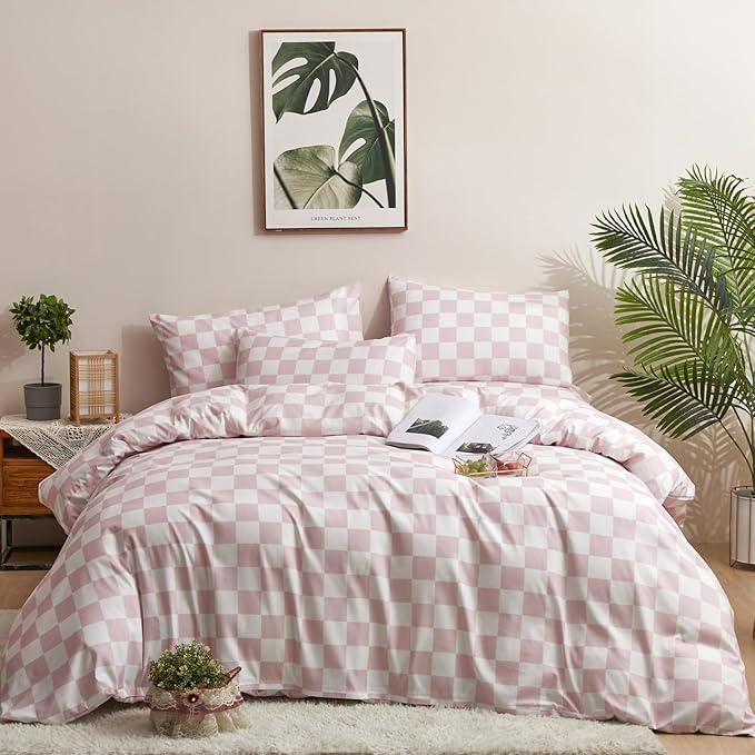 KAREVER Pink Grid Comforter Full Pink Plaid Bedding Set Girls Pink White Checkered Bed Comforter Set Breathable Blanket Set Kids Durable Bedding Comforter Set