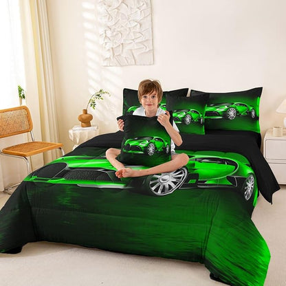 Feelyou Sports Car 7 Piece Bedding Set Green Race Car Comforter Set with Sheets for Kids Boys Girls Extreme Sports Theme Bed in a Bag Cool Speed Luxury Car Decor Bed Set with 2 Pillowcases King