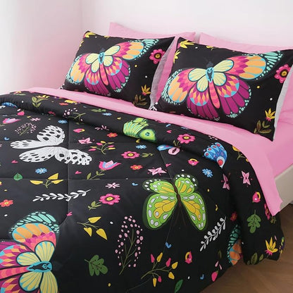Girls Butterfly Comforter Set Twin Size Colorful Flowers Leaves Bedding Set for Kids Teens Black 7 Piece Bed in A Bag Super Soft All Season