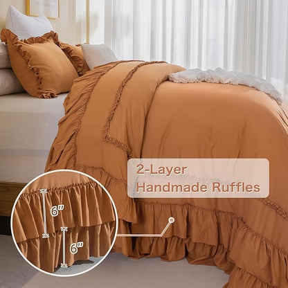 Masaca 120x120 Oversized King Comforter,Farmhouse Shabby Boho Chic Pumpkin Ruffle California King Comforter Set French Country Rustic Bedding 3PCS (1 Ruffled Comforter+2 Pillow Shams)