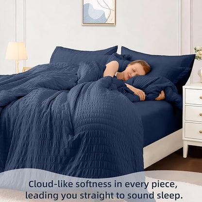 FUANNA Full Size Comforter Sets 7 Pieces, Luxury Seersucker Bed in a Bag Full for All Seasons, Soft Bed Sets with Comforter, Flat Sheet, Fitted Sheet, Pillowcases & Shams for Bedroom, Navy Blue