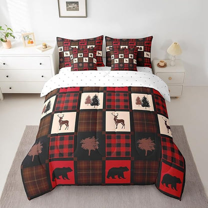Erosebridal 7 Pcs Cabin Deer Comforter Set Full Size,Hunting Deer Bed in a Bag with Flat Fitted Sheet for Kids and Adults,Camping Woodland Plaid Bedding Set with Pillowcases and Cushion Cases
