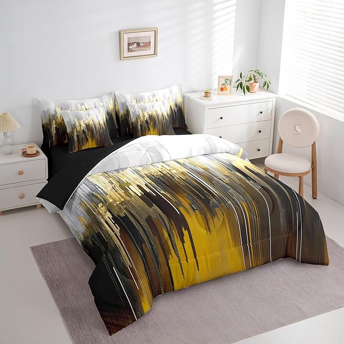 Abstract Graffiti Twin Comforter Set 7 Pieces Brown Yellow Bedding Comforter Sets for Adults, Oil Painting Gradient Bed in a Bag Modern Artwork Bedding Set, Ombre Brush Strokes Bed Sheets Set