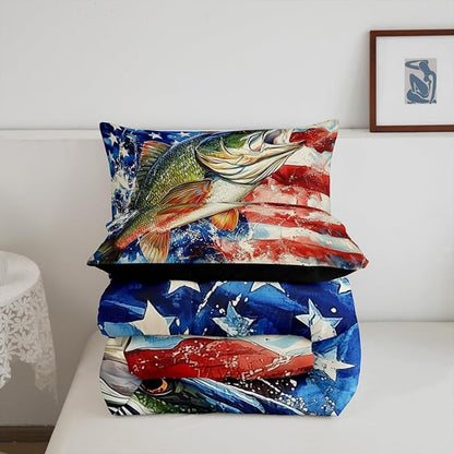 Erosebridal Pike Fish King Bedding Set,American Flag Fishing Comforter Set for Kids Boys Men,Big Bass Fish Comforter,Rustic Vintage Lake House Bedroom Room Decor,2 Pillowcases Breathable