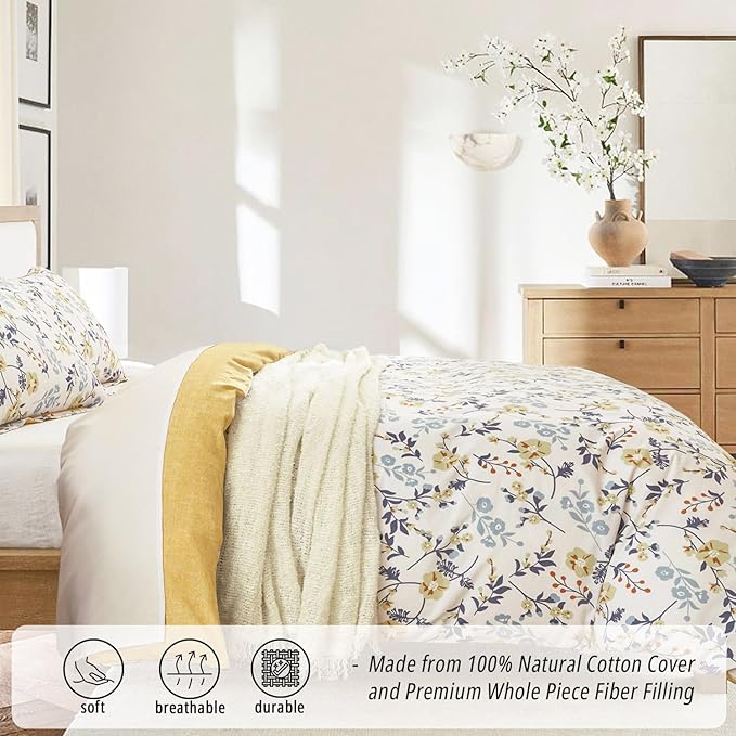Yellow Floral Cotton Comforter Queen Size - Refreshing Design with Blue, Orange & Slate Gray Botanical Pattern on Off White,3PC Lightweight Bedding Set with Ultra-Soft Alternative Fill (Queen)
