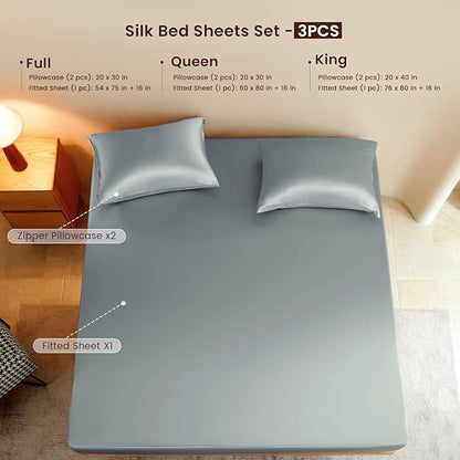 THXSILK Luxury Mulberry Silk Fitted Sheet Set 3 Pcs, Queen Silk Bed Sheet Set with 16" Deep Pockets, Soft & Cooling Sheets, 1 Fitted Sheet, 2 Pillowcases with Zipper Closure - Stone Blue