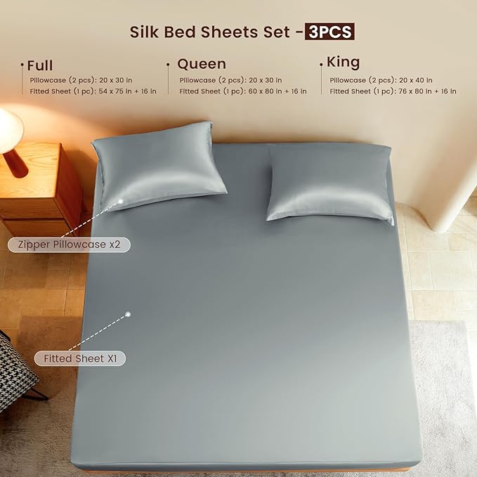 THXSILK Luxury Mulberry Silk Fitted Sheet Set 3 Pcs, Full Silk Bed Sheet Set with 16" Deep Pockets, Soft & Cooling Sheets, 1 Fitted Sheet, 2 Pillowcases with Zipper Closure - Stone Blue