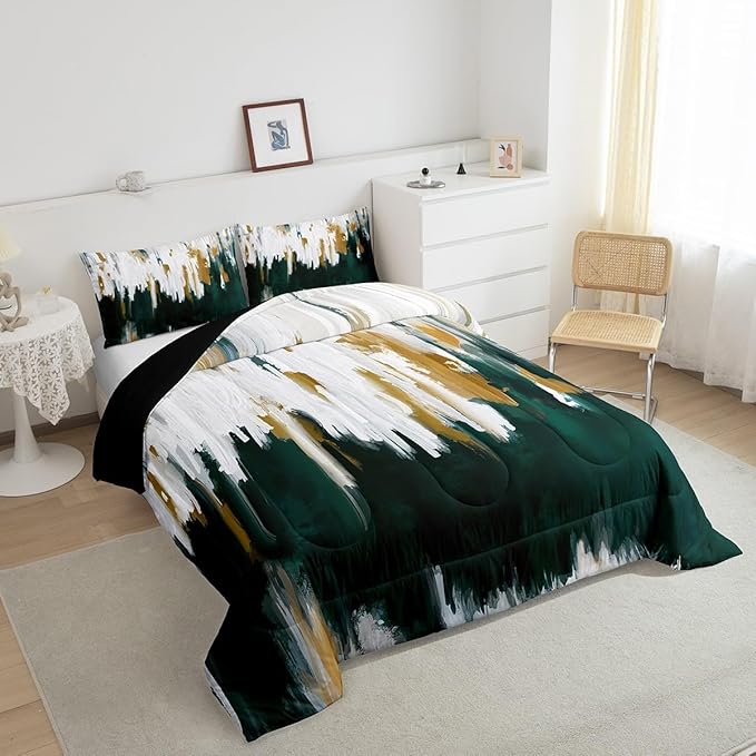 Erosebridal Emerald Green Bedding Set Full Watercolor Graffiti Comforter Set, Striped Oil Painting Duvet Insert Aesthetic Modern Quilt Set, Ombre Brush Marks Contemporary Bedding Comforters & Sets