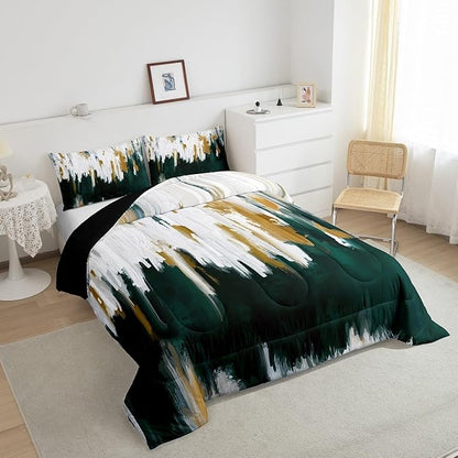 Erosebridal Emerald Green Bedding Set Full Watercolor Graffiti Comforter Set, Striped Oil Painting Duvet Insert Aesthetic Modern Quilt Set, Ombre Brush Marks Contemporary Bedding Comforters & Sets