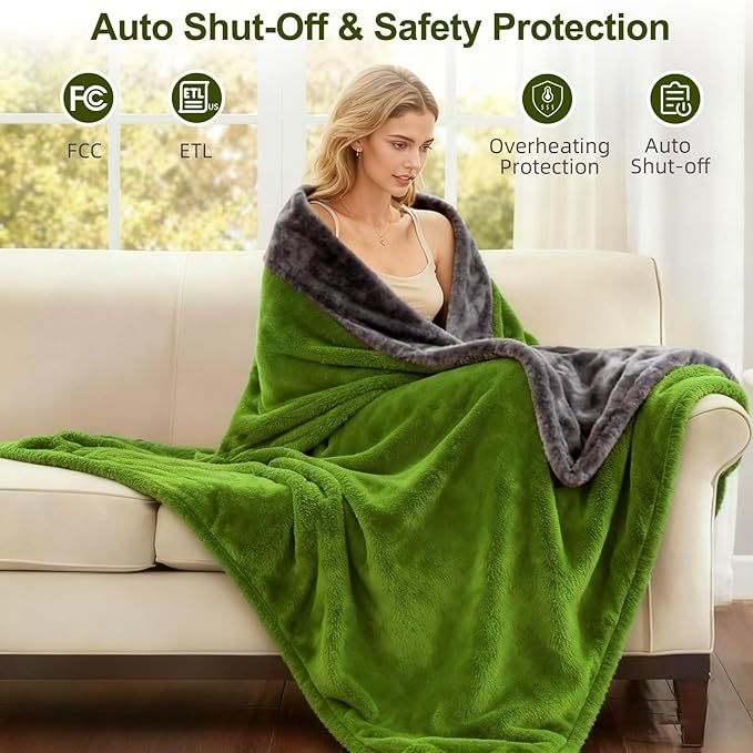 Electric Heated Blanket Throw 50" x 60" Soft Dual-Sided Flannel Fast Heating 12 Heat Levels 1–12H Timer & Overheat Protection & Auto Shut-Off & Machine Washable (Lime Green & Gray)