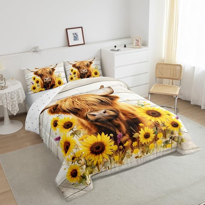 Feelyou Highland Cow Comforter Set Toddler Size Highland Cattle Comforter for Boys Girls Teens Animal Bedding Set Wildlife Duvet Set Room Decor Yellow Beige Quilt Set