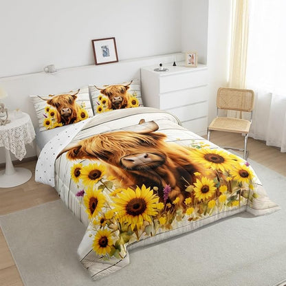 Feelyou Highland Cow Comforter Set Full Size Highland Cattle Comforter for Boys Girls Teens Animal Bedding Set Wildlife Duvet Set Room Decor Yellow Beige Quilt Set