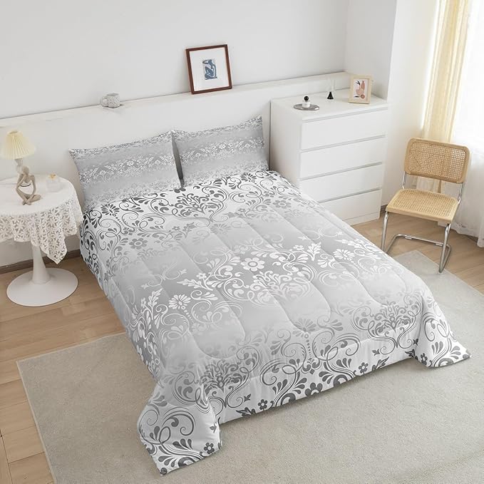 Feelyou Adults Silver Vintage Damask Floral Comforter Set Oriental Antique Comforter Queen Size Gothic Bohemia Boho Flower Bedding Set Bohemian Exotic Duvet Set Quilt Set 3Pcs