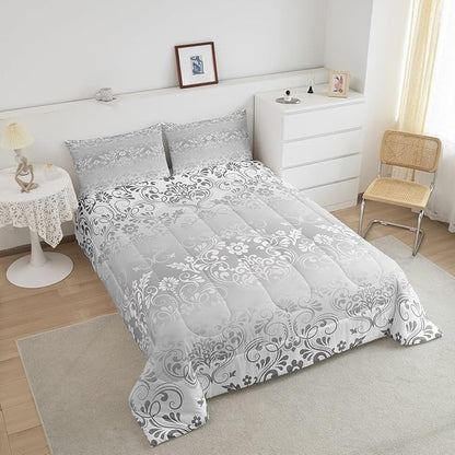 Feelyou Adults Silver Vintage Damask Floral Comforter Set Oriental Antique Comforter Queen Size Gothic Bohemia Boho Flower Bedding Set Bohemian Exotic Duvet Set Quilt Set 3Pcs