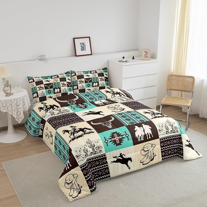 Western Cowboy Comforter Set Twin Size,Cow Skull Desert Cactus Bedding Set,Rustic Aztec Tribal Striped Quilt Set,Kids Teens Adult Room Decor,Brown Turquoise Geometric Plaid Duvet Insert 2Pcs