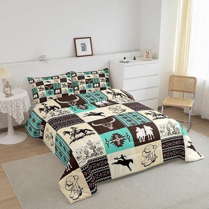Western Cowboy Comforter Set Twin Size,Cow Skull Desert Cactus Bedding Set,Rustic Aztec Tribal Striped Quilt Set,Kids Teens Adult Room Decor,Brown Turquoise Geometric Plaid Duvet Insert 2Pcs
