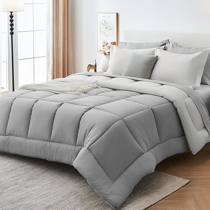 Sasttie Oversized Queen Comforter Set, 7 Pieces Reversible Bed in a Bag, Complete Bedding Set Includes 98''x98'' Comforter, Flat Sheet, Fitted Sheet, Pillowcases and Pillow Shams, Ivory & Light Grey