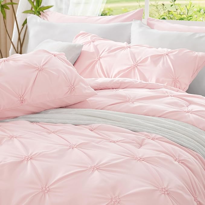 BEDELITE Baby Pink King Size Comforter Set - 3 Pieces Boho Pintuck Bedding Comforter Sets, Lightweight Soft & Warm King Bedding Set with 2 Pillowcases for All Season