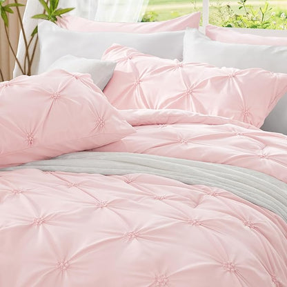 BEDELITE Baby Pink Twin Comforter Set - 2 Peices Boho Pintuck Bedding Comforter Sets, Lightweight Soft & Warm Twin Bedding Sets with 1 Pillowcase for All Season